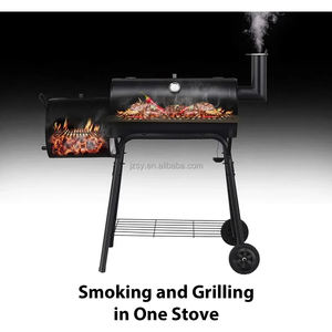 Grand four à fumoir double en carbone avec chariot à roulettes noir et poignée en bois, machine de barbecue au charbon de bois pour cour - Product Image 6