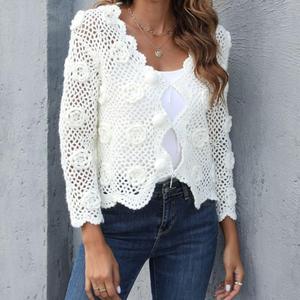 <span class=keywords><strong>Cardigan</strong></span> Lavorato all'Uncinetto da Donna per l'Inizio Primavera, Elegante e Aderente, Maglia Lunga Traforata, Maglione Casual Tinta Unita - Product Image 5