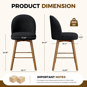 Chaise de bar pivotante avec dossier ergonomique et pieds en bois massif, tabouret rembourré en chenille avec repose-pieds en métal pour îlot de cuisine - Product Image 5