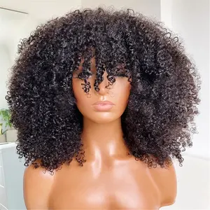 Grosir Murah Wig Rambut Manusia Pendek untuk Wanita Hitam Siap Kirim Wig Rambut Mesin Dibuat Wig Bob Keriting Afro Keriting dengan Poni