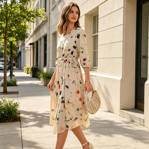 Floral Print Chiffon Midi Dress V-Neck <b>Three</b> Quarter Sleeve A-Line Loose Fit Casual Summer Dress With Drawstring Waist - Product Image 1