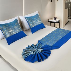 Hotel Bed <b>Runner</b> with Decorative Pillows Polyester <b>Washable</b> Printed Blue Patchwork Style Bedding Set Custom Logo - Product Image 1