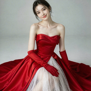 <span class=keywords><strong>Abito</strong></span> da sera <span class=keywords><strong>lungo</strong></span> <span class=keywords><strong>rosa</strong></span> in raso senza spalline a trapezio con vita alta e <span class=keywords><strong>tulle</strong></span> a pois per donna, ideale per invitata a matrimoni e banchetti - Product Image 6
