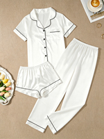 Ensemble de pyjama trois pièces pour femmes de haute qualité, couleur unie, été, printemps et automne, vêtements de détente en satin décontractés avec ceinture élastique