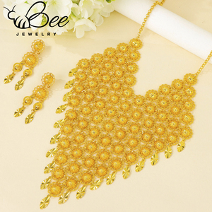 Parure de bijoux de mariée sud-indienne de luxe en or 24 carats, collier à pampilles irrégulières et grandes boucles d'oreilles, inaltérable, pour femme, mariage - Product Image 2