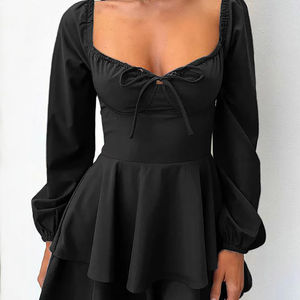 Sexy y elegante cuello en V espalda descubierta cintura ceñida Vestido de manga larga estilo de fiesta de club nocturno blanco encaje hasta Borde de volantes Falda corta - Product Image 1