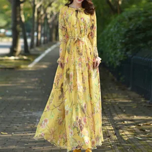 New Vintage Floral Printed Loose Chiffon Abaya Islamic Kaftan With Long Sleeves Fashionable Women's Dress For Adults