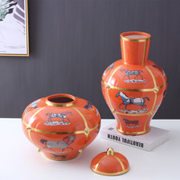 Vase à fleurs en porcelaine émaillé avec couvercle, 1 pièce, rétro Tang multicolore, motif cheval, pour bureau