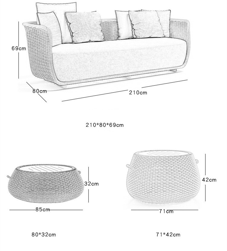 Modern Villia outdoor furniture garden set patio metal frame woven rope 3 pieces sofas sectionals