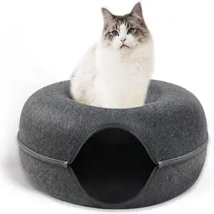 Custom Round Donut Pet Bed Cat Small Dog Tunnel Bed Accessories Felt Cat Cave Pet Nest