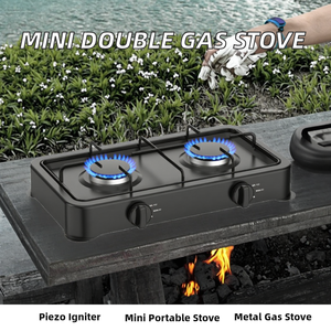 Tafelmodel dubbele gasbrander, metalen, Europese stijl, eenvoudig, klein, draagbaar, voor buiten, huishoudelijk, commercieel, <span class=keywords><strong>mini</strong></span>, 2 branders, butaan, piezo-ontsteking - Product Image 2