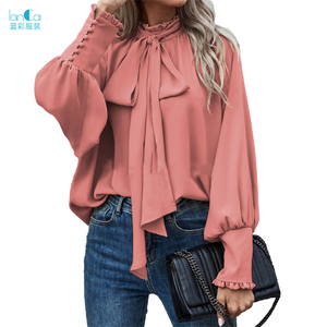 Blusa informal elegante con manga de burbuja y volantes para primavera y verano, camisa elegante con cuello redondo para mujer, <span class=keywords><strong>2022</strong></span> - Product Image 1