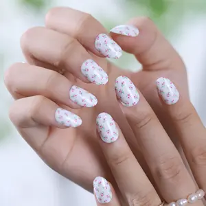 Prensa curta para unhas com estampa de flores, conjunto de unhas postiças personalizadas em gel macio, oval, para uso diário, unhas artificiais em massa