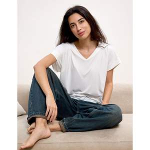 Camisetas Personalizadas con Etiqueta Privada, Camiseta de Bambú para Mujer, Manga Corta, Cuello en V, Top Suave para Dormir, Talla Grande - Product Image 4