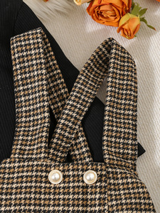 2024 Otoño Invierno ropa para niños <span class=keywords><strong>moda</strong></span> cuello redondo manga larga Color sólido pulóver cuadros tirantes falda niña conjuntos de ropa - Product Image 4