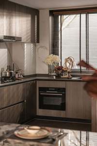 Cool-Tone Green Luxury Custom <b>Cabinets</b>, Built-in Dishwasher, Full <b>Cabinet</b> <b>Storage</b>, Island Style, for <b>Small</b> Commercial Use - Product Image 2