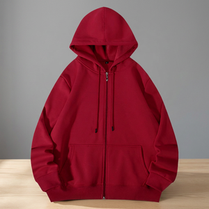 Men's <b>Red</b> Zip-Up <b>Hoodie</b> Regular Fit Casual Knitted Hooded Sweatshirt Solid Color Autumn Wear - Product Image 3