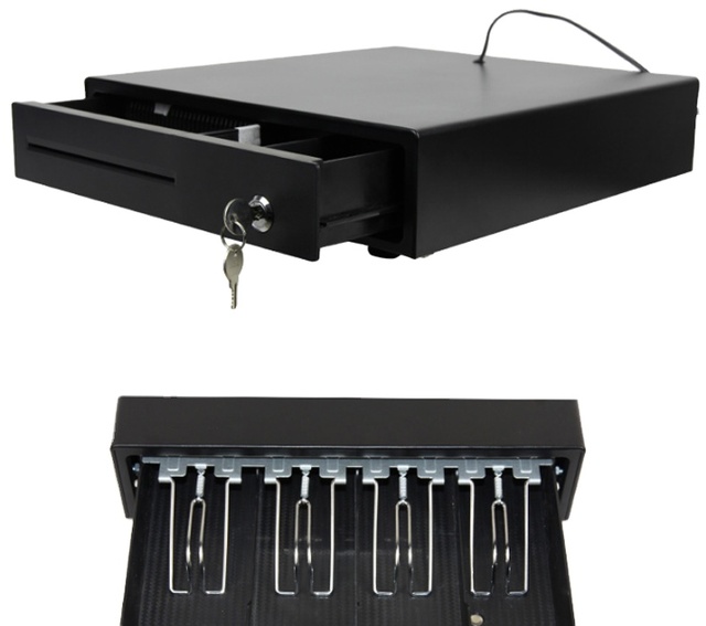 Metal ABS 335 3-Function Cash Drawer Durable Checkout Counter Cash Box Retail POS Systems Auto-Pop Manual Lock Design 12V-24V DC