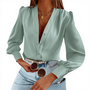 Chemisier en satin à manches longues et col en V pour femme, manches bouffantes, boutonné, couleur unie, haut décontracté, à porter au printemps et en été - Product Image 3