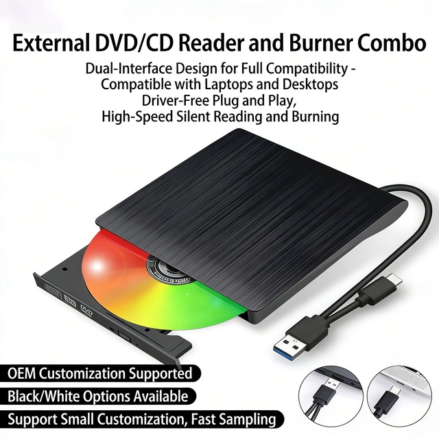 USB3.0 Type-C High-Speed Burner External Optical Drive with Brushed Finish for /CD Burning and Mobile Disc Reading