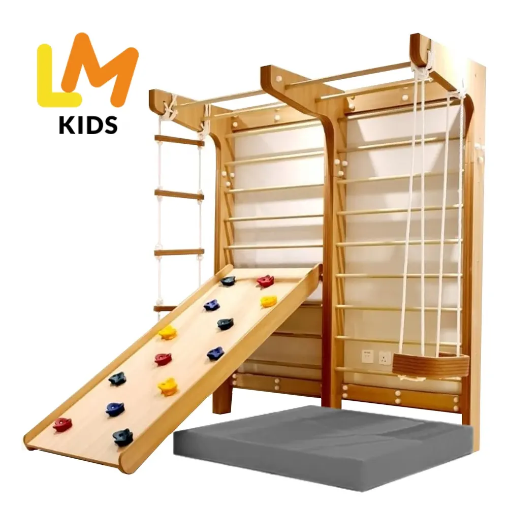 LM KIDS Kids Swedish Wall with Climbing Ramp Swing Rope Indoor Outdoor Play set for Kids