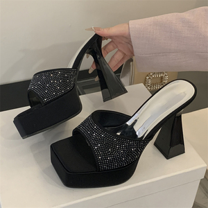 Sandalias de Plataforma con Tacón Grueso y Brillantina, Diseño de Boca de Pez, Color Negro, Impermeables, Moda Verano 2025 - Product Image 1