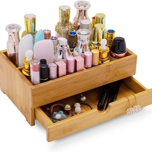 Bamboo Cosmetic Storage <b>Box</b> With Drawer Natural Wood Color Desktop Organizer <b>Makeup</b> Holder - Product Image 5