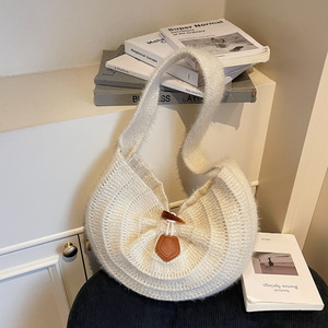 Sac hobo vintage en tricot caramel avec boucle en corne, sac à bandoulière décontracté pour femmes - Product Image 3