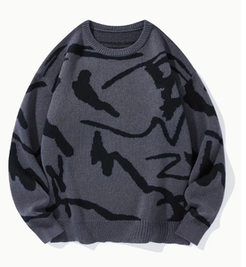 เสื้อสเวตเตอร์ถักลำลองคอกลมแขนยาวทรงหลวมของผู้ชายตกแต่งโลโก้ด้านหน้า - Product Image 5