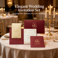 Kit de cartes d'invitation de mariage de luxe avec estampage à chaud, logo personnalisé, cartes en papier coton, enveloppes bordeaux assorties