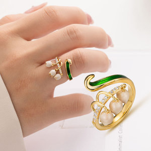 Spring Summer Fresh Enamel Lantern Flower Open <b>Ring</b> Gold Plated Pearl <b>Crystal</b> Index Finger <b>Ring</b> For Party Fashion Jewelry - Product Image 2