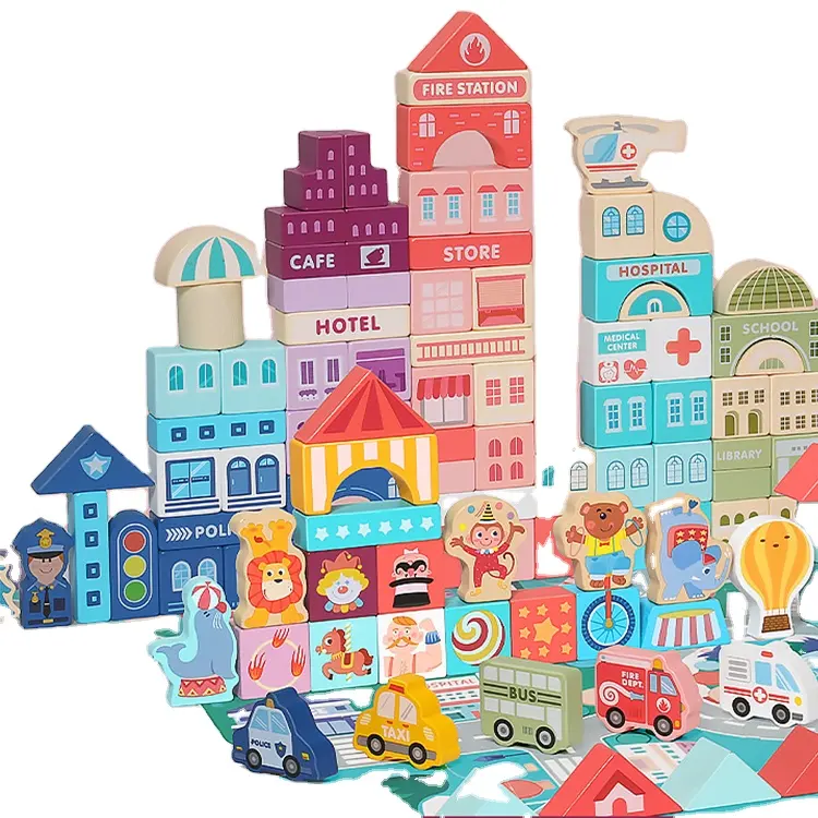 Набор деревянных строительных блоков Maracon City, 100 деталей, различные города с красочными зернистыми блоками