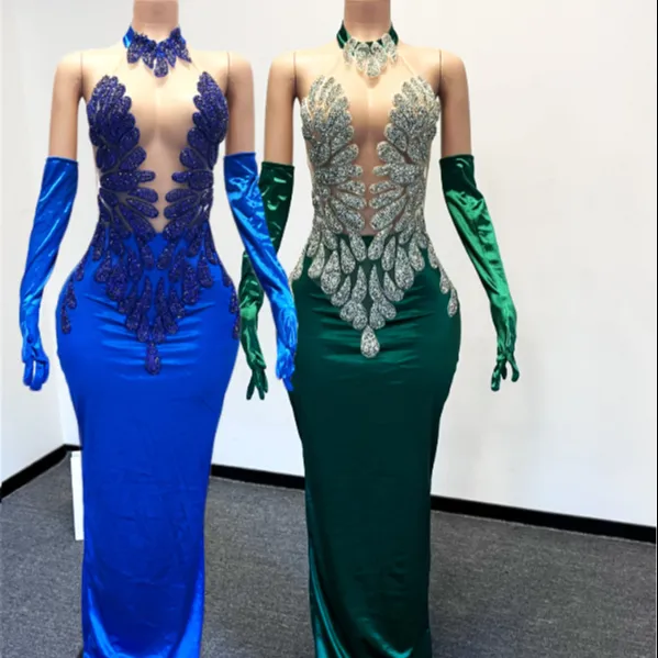 Ocstrade Evening Gowns For Women Dress Long Royal Blue Sexy Rhinestone Bodice Applique Dresses Luxury Green Prom Dresses