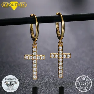 Küçük Vintage VVS Moissanite Hoop küpe çapraz elmas takı kadın erkek altın kaplama gümüş 925 çapraz küpe