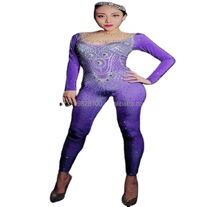 <span class=keywords><strong>Mono</strong></span> de manga larga con diamantes de imitación para mujer, traje sexy de escenario, color morado, DjDs guest gogo - Product Image 1