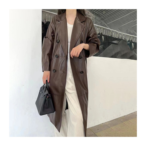 3136 Factory Price Long Sleeves Double Breasted Long Black Real Sheep Leather Trench Coat for Women