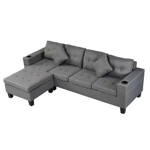 China Supplier Living Room Modern 4 Seat L Shape Chaise Lounge Sectional Sofa Set With Cup Holder