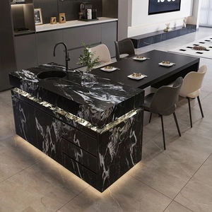 <span class=keywords><strong>Table</strong></span> îlot extensible de luxe en pierre frittée <span class=keywords><strong>avec</strong></span> éclairage LED intégré pour cuisine et meuble de rangement domestique - Product Image 4