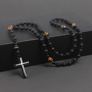 SEPT New Natural Stone 8MM Beads Unisex Men Cross Pendant Necklace With Tiger Eye Beaded Religious <strong>Rosary</strong> Necklaces Jewelry - Product Image 5