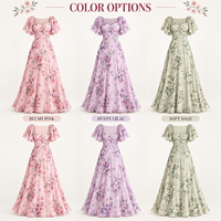 Robe longue en mousseline à imprimé floral pour femme, avec corsage froncé, manches volantées et col cœur, coupe trapèze, idéale pour les occasions spéciales.