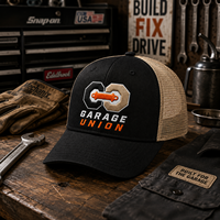 Gorra de béisbol de 6 paneles de poliéster/algodón con malla trasera, marca privada, negra, con bordado de insignia Sand Garage, ajustable, lista para venta al por menor