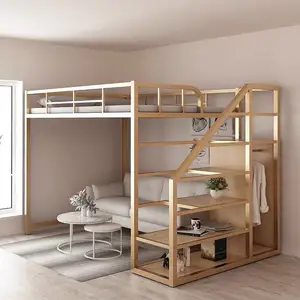 Cama de ferro multifuncional moderna para apartamentos pequenos, design duplex, com beliches altos e baixos, economizador de espaço, cama loft para quarto