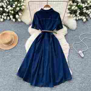 Vestido Midi Tipo Túnica con Cuello Camisero Vintage de Verano para Mujer, Vestido Vaquero Estilo Imperio - Product Image 4