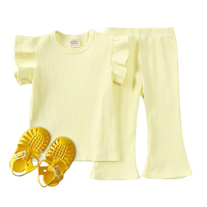 Conjuntos de Ropa de Verano para Bebé, Algodón, Color Liso, Camiseta de Manga Corta Acanalada, Pantalones Largos, 2 Piezas, Traje Informal para Bebé Niña, M2238 - Product Image 5