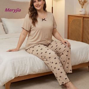 <span class=keywords><strong>Pigiama</strong></span> da <span class=keywords><strong>donna</strong></span> <span class=keywords><strong>taglie</strong></span> forti europeo e americano con stampa a fiocco, pantaloni lunghi, due pezzi casual estivi a maniche corte - Product Image 1