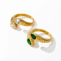 YF3264 Bague ouverte vintage en acier inoxydable texturé en forme de serpent, pavée de zircons CZ, plaquée or 18 carats, en acier titane torsadé