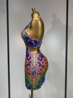 Robe mini dos nu à bretelles pour femme, ornée de diamants colorés, sexy, de luxe, pour célébrités, soirée d'anniversaire, soirée, boîte de nuit, scène