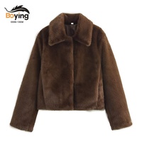 Manteau court en fausse fourrure Boying pour femme, col à revers, coupe ample, simple boutonnage, écologique, teint uni, tissé, décontracté, hiver, OEM ODM