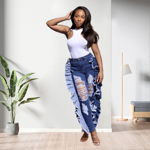 Jeans de mezclilla con diseño casual de estilo urbano, cintura alta, agujeros, volantes y empalmes para mujer a la moda - Product Image 2