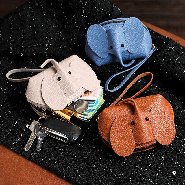 Wholesale Unisex Fashion Cartoon Cute Elephant Mini Coin Purse Multifunctional PU Wallet with Key Chain Zipper Closure
